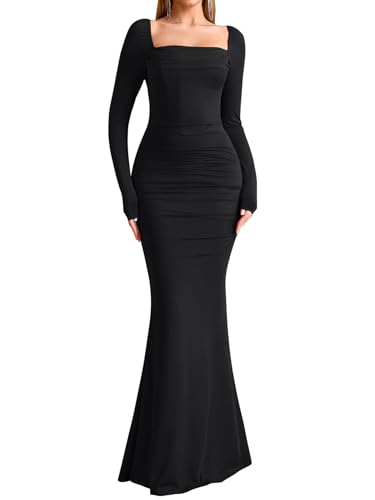 EYNMIN Corset Maxi Dress Long Sleeve Square Neck Ruched Bodycon Elegant Formal Wedding Guest Dresses for Women 2025 Fall Black