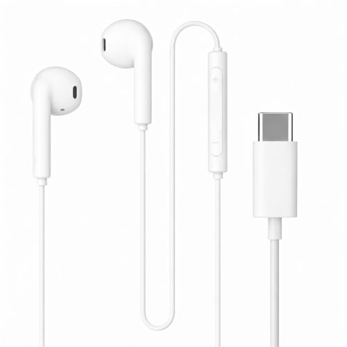 Image of Original Type-C Wired Earphones Compatible with iPhone 15, 16, 17 Featuring Rich Stereo Sound, HD Voice Microphone, in-Line Media Controls and Lightweight Comfortable Design (White) (Off White)