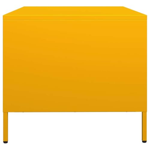 Table basse industrielle jaune moutarde en acier avec 3 tiroirs