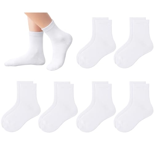 Lainlight Kids Socks 6 Pack - Soft Cotton White Athletic Crew Socks for Girls School Uniform, Seamless Toe, Size M