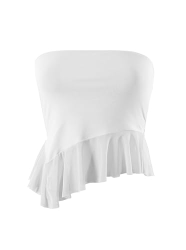 Remidoo Tube Tops for Women Sexy Sheer Mesh Strapless Top Asymmetrical Hem Ruffle Cropped Shirt4