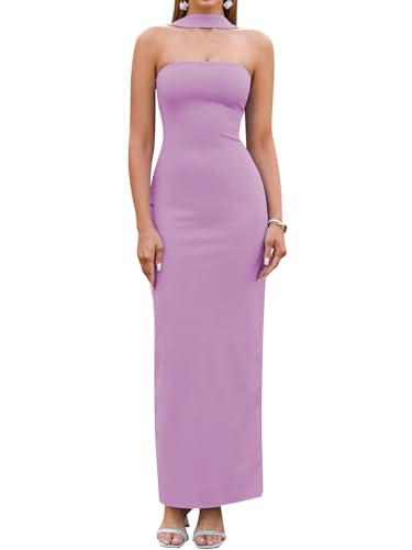 Image of HTZMO Women Elegant Summer Bodycon Maxi Dress Halter Neck Formal Wedding Guest Cocktail Party Long Dresses