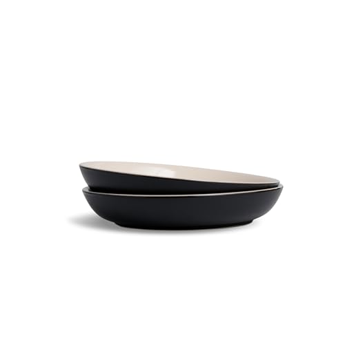Shay Ceramic Pasta Bowl Set, 22cm, 2 Pieces, Black Ivory | Glossy Finish | Stoneware Ceramic Serving Bowls | Ceramic Bowl | Pasta Serving Plate (Pasta Plate - Black Ivory), 300 ml
