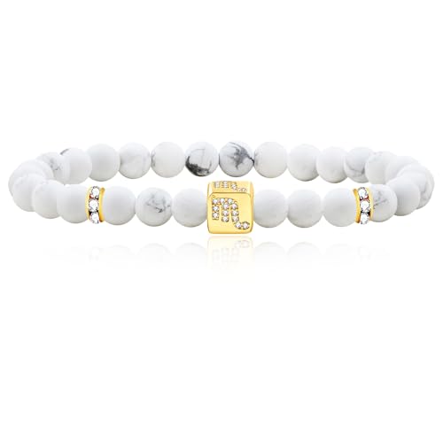 Image of Inlaid Zircon 12 Constellation Adjustable Stretch Bracelet - 6mm Frosted White Turquoise Beaded Bracelets for Women Men SJYA4647