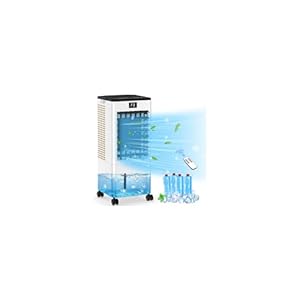 Klimaanlage Mobil Ohne Abluftschlauch, Verdunstungskühler Großer Wassertank 60W, Leiser Turmventilator Schlafmodus, 4 Modi 3 Geschwindigkeiten 1-12h Timer 60/120° Oszillierend Fernbedienung 4 Kühlakku