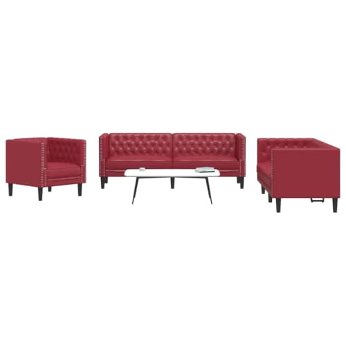 QZZCED Juego de sofás Chesterfield 3 Piezas Cuero sintético Rojo Tinto Sofá Chesterfield de Cuero Sintético, Elegante y Cómodo para Sala de Estar