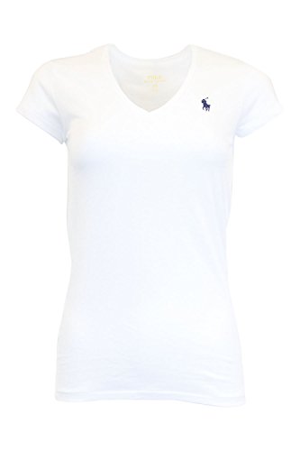 Polo Ralph Lauren Women Cotton V-neck Logo Tee (L, White)