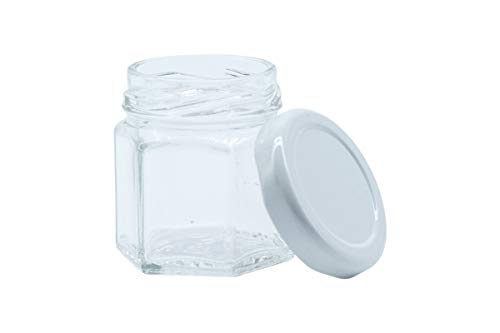 Image of Cute Hexagonal 50 Grams Airtight Glass Jar Containers for Honey, Spices & Other Kitchen Items with Rust Proof White Color Caps -Set of 12