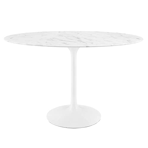 Modway Lippa 48' Oval-Shaped Mid-Century Modern Dining Table with Artificial Marble Top and White Base