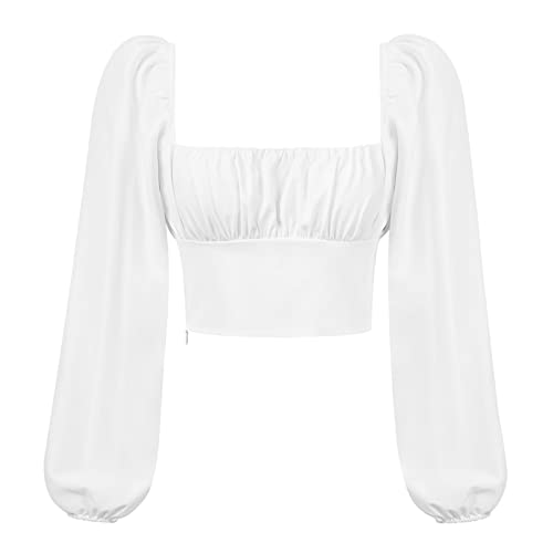 T-shirt élégant pour femme - Court Crop Top solide - Chemisier carré - Sweatshirt drapé à manches longues - Coupe basse - Sexy - T-shirt d'été fin - Haut Y2K - Moulante - Dance Tops