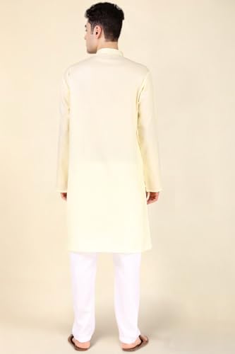 Image of Men's Cotton Solid Kurta Set Mandarin Collar Regular Fit Long Sleeves Ethnic Dress