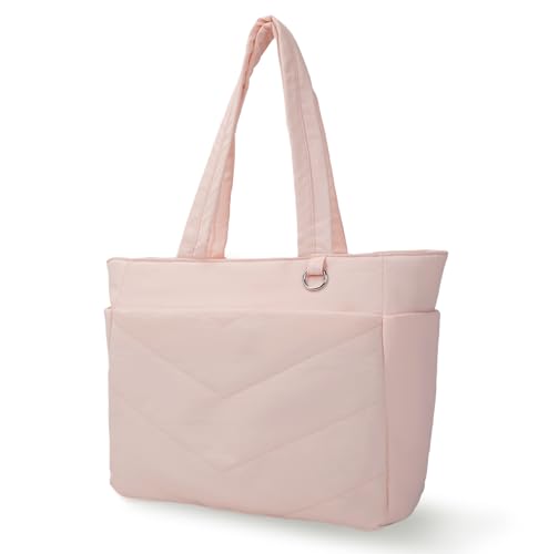 Parabagion Quilted Tote Bag for Women, Lightweight Tote with Multiple Compartments Handbag Shoulder Bag for Travel Work Gym Casual Everyday 20L Capacity, 15.6'' Laptop Bag, Pink