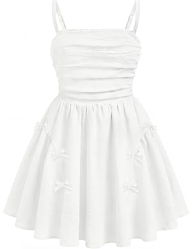 Hercastle Girls Summer Dress Boho Spaghetti Strap Adjustable Sundress Cute Flowy A-Line Party Birthday Dresses for Girls Kids with Bows Size 7-8 Years Girls White Dress