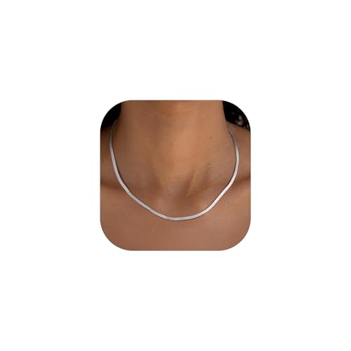 FindChic Herringbone Choker Necklace for Women, Black/Stainless Steel/14K Gold/Rose Gold Plated Adjustable Flat Snake Chain Necklaces, 3/5MM Width 12.5/15/18 Inches, with Jewelry Gift Box 15