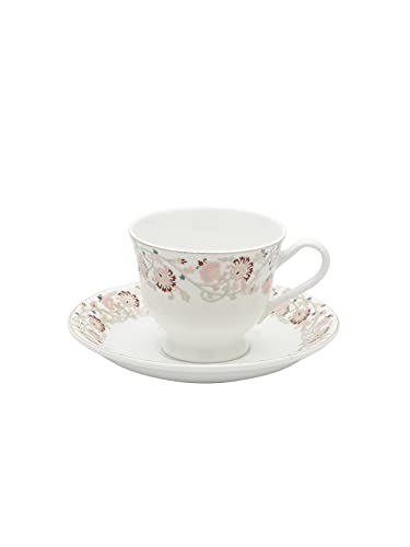 Image of Clay Craft New Georgian Series Fine Ceramic Cup&Saucer Set of 12 (6 Cups+6 Saucers) Red&White Floral Design-Gift to Your Loved Ones On Any Occassions.,Medium (Cc-Cs12-Newgeorgian-S398) 180 Milliliter