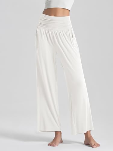 Image of ODODOS Women's Wide Leg Palazzo Lounge Pants with Pockets Light Weight Loose Comfy Casual Pajama Pants-26 Inseam, Off White, Large