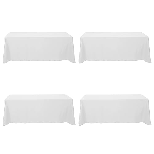 Image of BRILLMAX 4 Pack White Tablecloths 90x156 Inch for 8ft Rectangle Tables | 150 GSM Polyester Fabric, Floor Length Drop, Water, Stain & Wrinkle Resistant Cloth Cover for Wedding Reception Banquet Party