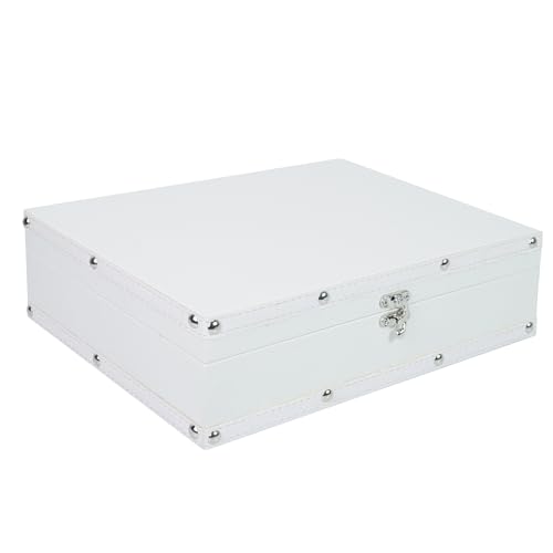 DreamsEden Large Wooden Keepsake Box - White Leather Storage Box with Hinged Lid & Latch Memory Treasure Chest for Jewelry Photos Letters Crafts | Decorative Home Decor Trunk