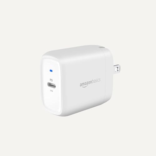 Amazon Basics 20W Foldable USB-C Wall Charger with Power Delivery for Tablets & Phones (iPhone 16/15/14/13/12/11/X iPad Samsung) Portable Non-PPS White