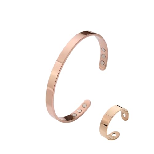Flreaxmo Kalm Bracelet Ring Set for Women Menopause Bracelets Adjustable Bangle Stainless Steel Cuff Climacterium Anxiety Stress Relief Energy Open Jewelry Gift (Rose Gold + Rose Gold)