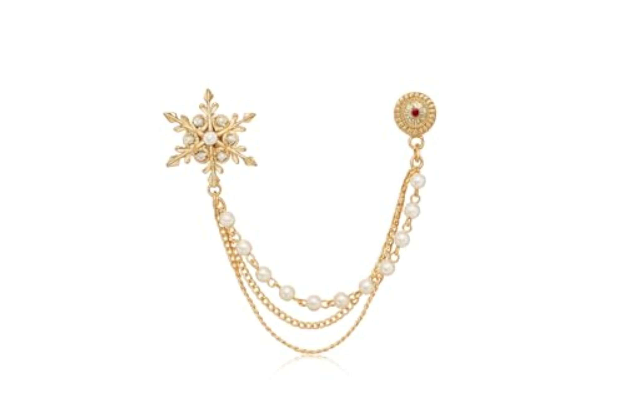 Men's Premium Gold Lapel Brooch with Triple Chain & Pearls