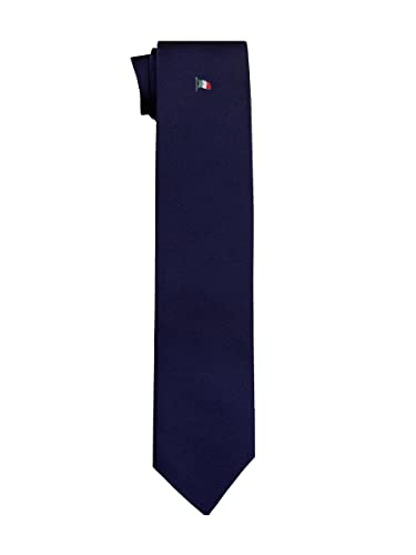 Remo Sartori Made in Italy Blue Necktie with Italian Flag Undernode Embroidery, 3.14'' Width, Silk