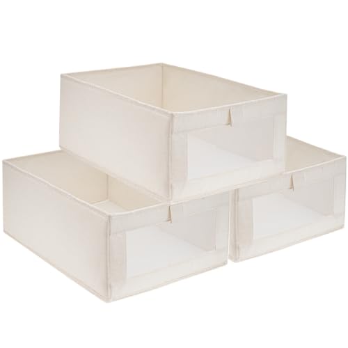 Geegear Organizador Armario Ropa, Cajas Almacenamiento Plegable de Tela 3 Piezas Grande Cajas de Almacenaje Cestas Almacenajes Organizadores para Armario Ropa Libros Cosméticos (Beige)