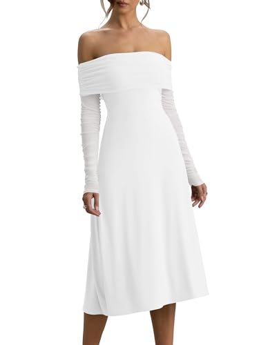 HOCILLE Women's Sexy Off The Shoulder A Line Midi Dresses Long Sleeve Elegant Formal Wedding Guest Party Cocktail Dress, Medium, White
