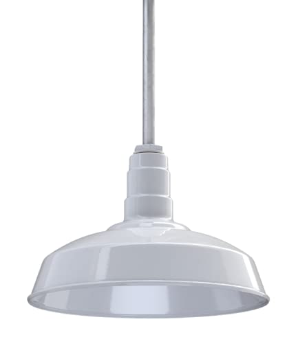 Image of Steel Lighting Co. Carson Barn Light | Ceiling Mounted Pendant | 16 inch Dome | 12 inch Sloped Stem | Industrial Style Steel Light Made in America | White Exterior /White Interior
