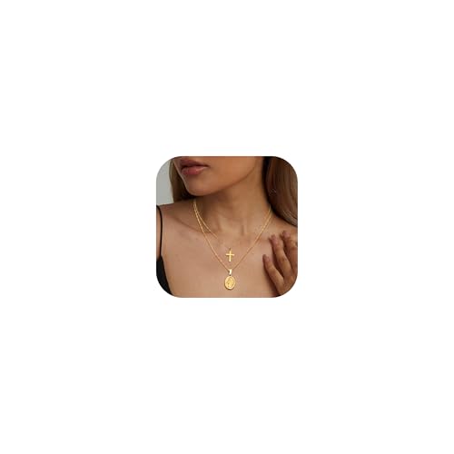 CASSIECA 2 Piezas 14K Chapado en Oro Acero Inoxidable Collar para Hommer Mujer Cruz Colgante Collar Virgen Maria San Cristóbal Collar Joyería Católica Cristiana