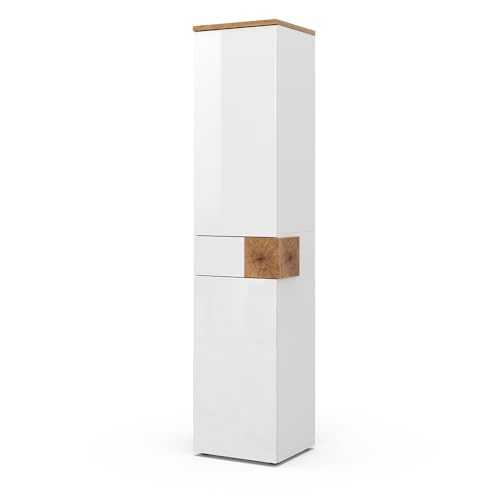 Vicco Badschrank Eden, Weiß Hochglanz, 40 x 184.2 cm mit 2 Türen und Schublade, zur Wandmontage mit Variabler Innenaufteilung