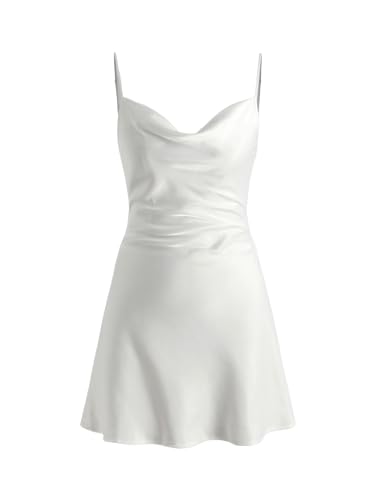 CIDER Summer Dresses 2024 Wedding Guest Dress Cocktail Dresses Solid Satin Cowl Neck Cami Mini Dress White L