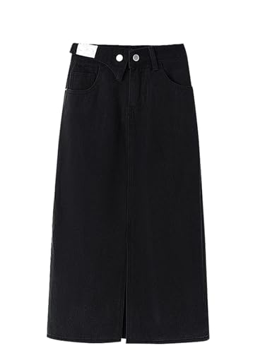 Womens High Waist A-Line Long Skirt with Slit Denim Casual Commute Straight Cut Button Front Denim Skirt4