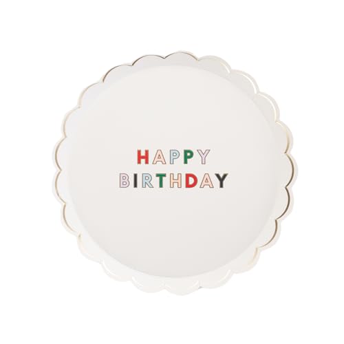 Bonjour Fte Blanc White Signature Celebration Dessert Plates | Scalloped Paper Tableware with Happy Birthday Design | Disposable Cake Serveware for Party Decorations | Pack of 8