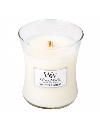 Woodwick Mittelgroße Sanduhr-Duftkerze mit knisterndem Docht, Brenndauer: bis zu 60 Stunden, Weißer Tee und Jasmin