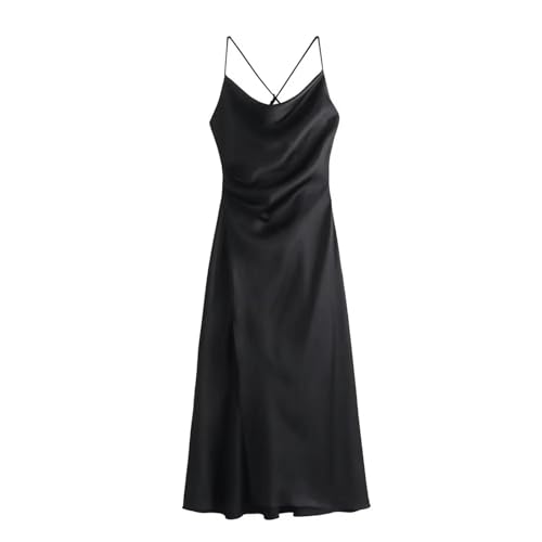 Primavera/Verano Nuevo Vestido Midi con Abertura y Tirantes con Textura Satinada de Seda y Cuello drapeado de Estilo Europeo-Negro-M