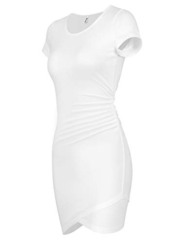 Missufe Women s Summer Short Sleeve Fitted Ruched Bodycon Irregular Mini Sheath Dress (Ivory White-01, Medium)