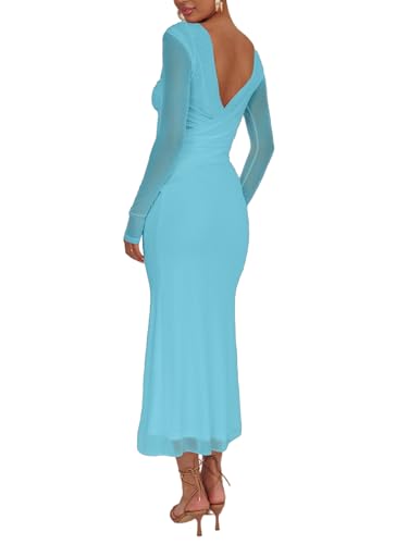 Image of Aisbei Women's Elegant Bodycon Maxi Dress Long Sleeve Boat Neck Backless Dress Party Cocktail Formal Wedding Guest Dresses