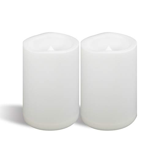 Image of CANDLE CHOICE Waterproof Outdoor Battery Operated Flameless Candles with Timer Large Plastic Resin Bright Flickering Electric LED Pillars Lantern Garden Wedding Christmas Decorations 4 inch(D)x6 inch(H) 2 PCS