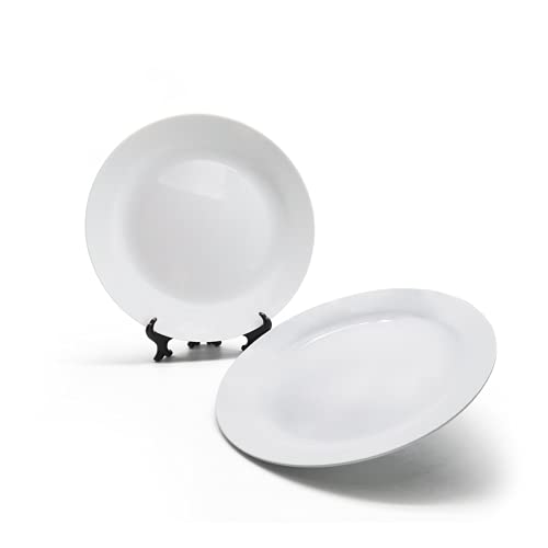 MR.R Sets of 2 Sublimation Blanks White Ceramic Flat Plate with Stand,Porcelain Plates. 10 inch Round Dessert or Salad Plate, Lead-Free, Safe in Microwave, Oven, and Freezer