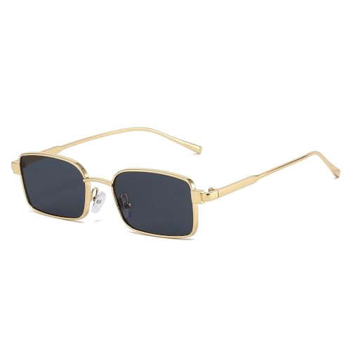 YAMEIZE Retro Small Gold Rectangle Sunglasses Women Men Narrow Square Metallic Sunglasses Vintage 90s Metal Frame (Gold Black)