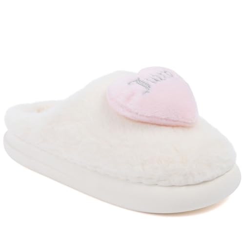 Juicy Couture Women’s Cozy Slide Slippers – Plush Fuzzy House Shoes with Memory Foam Cushion and Indoor-Outdoor Sole – Cute Heart Detail, Contenta Ivory Blush Extra Large