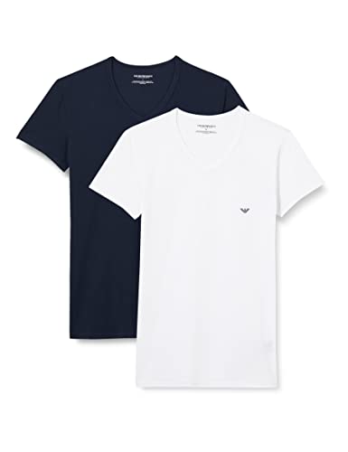Emporio Armani CC717-111512 - T-shirt - Uni - Manches courtes - Homme - Multicolore (Bianco/Marine) - Medium (Taille fabricant: M) (lot de 2)