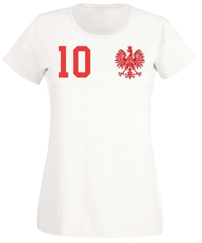 Polen Damen T-Shirt Trikot Polska Trikot WM 2026 Fanartikel Personalisiert mit eigenem Namen + Nummer - Weiß L
