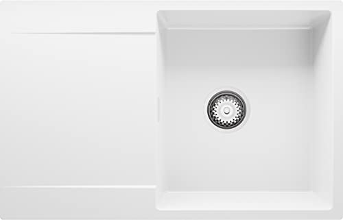 Evier Cuisine en Granit Blanc, 78 x 50 cm, Lavabo 1 bac + Kit de Vidage, Évier à Encastrer de Primagran