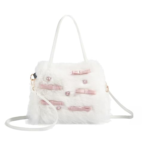 Bow Purse Plush Bow Handbag Faux Fur Top Handle Crossbody Shoulder Bag with Rhinestone Detail Trendy Gift Women