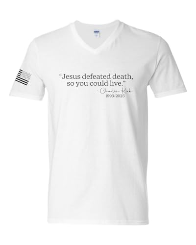 Shark & Hammer Jesus Defeated Death So You Can Live American Pride USA Flag Mens V-Neck T-Shirt, White, Large