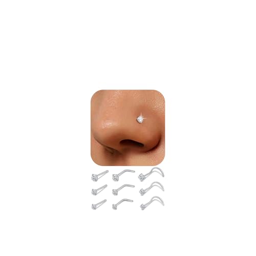 9 Pcs Titanium Nose Rings Studs Set 20G Nose Studs for Women Men Sensitive Skin - L Shaped & Straight & Corkscrew Nose Rings for Women 2mm-3mm Diamond CZ Nose Ring Stud Nostril Nose Piercing Jewelry