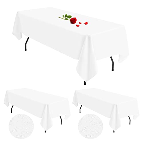 Showgeous Lot de 3 nappes 153 x 260 cm Nappe Blanche pour Tables rectangulaires de 6 Pieds, nappes en Tissu Lavable résistant à l'eau et aux Plis, Nappe en Polyester pour Mariage, fête, Banquet Cover