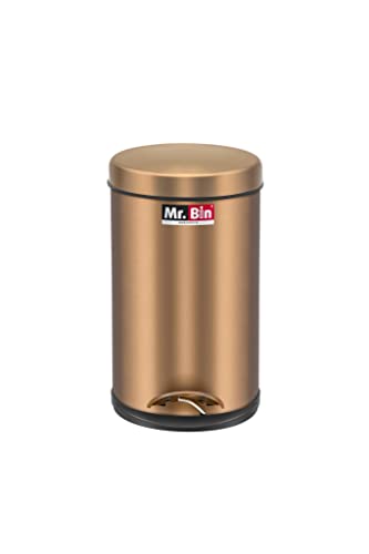 Image of Mr. Bin Dustbin Stainless Steel 202 Gold Pedal Bin with Plastic Bucket and Lid | 8 inch x 13 inch Garbage Bin | Trash Can | Round Shape Dustbin for Home, Bathroom, Kitchen & Office | 7 Liter
